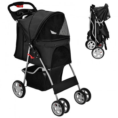 Foldable 4-Wheel Stroller with Storage Basket For Dogs and Cats