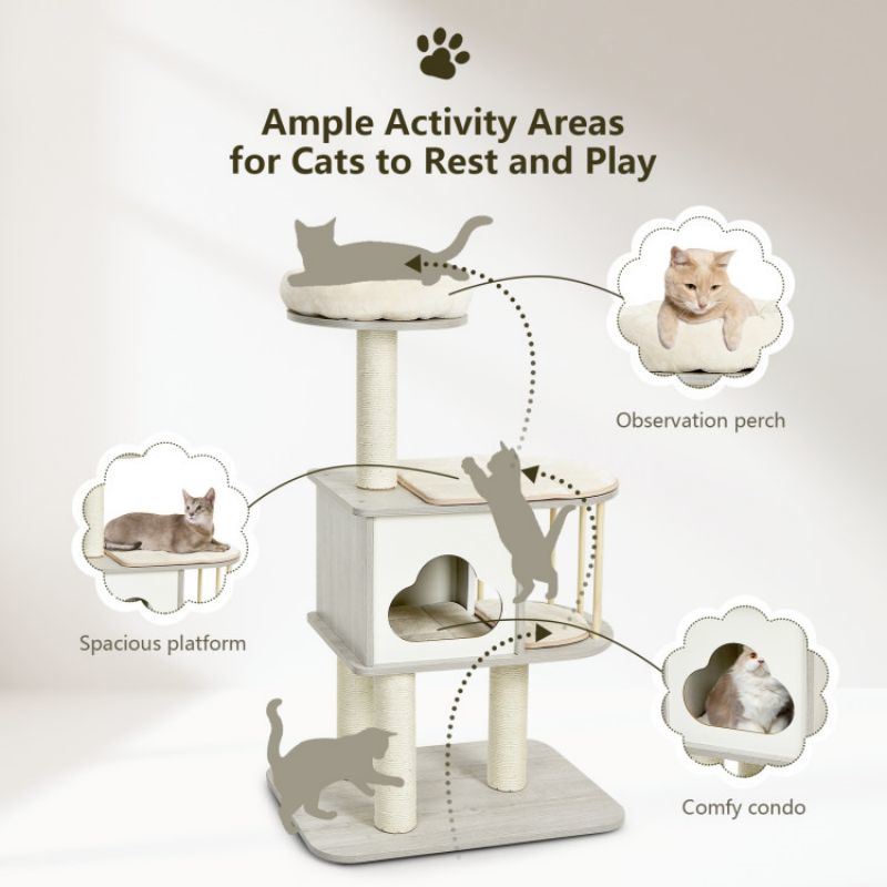 Wooden Activity Tree with Platform and Cushions for Cats