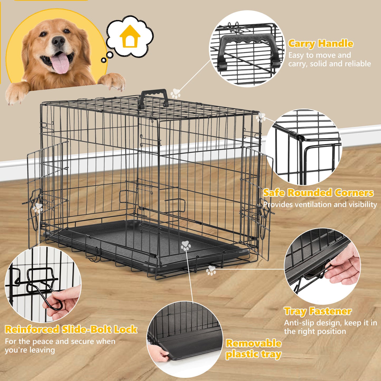 Folding Metal Kennel-Crate with Divider Panel Double Doors with Leak-Proof Tray for Dogs - 42 Inches