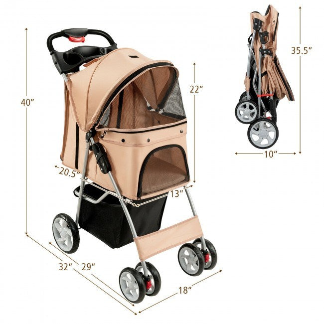 Foldable 4-Wheel Stroller with Storage Basket For Dogs and Cats