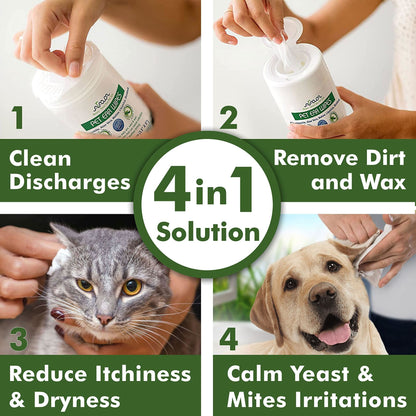 Natural Ear Cleaner Wipes for Dogs and Cats - 100 Count