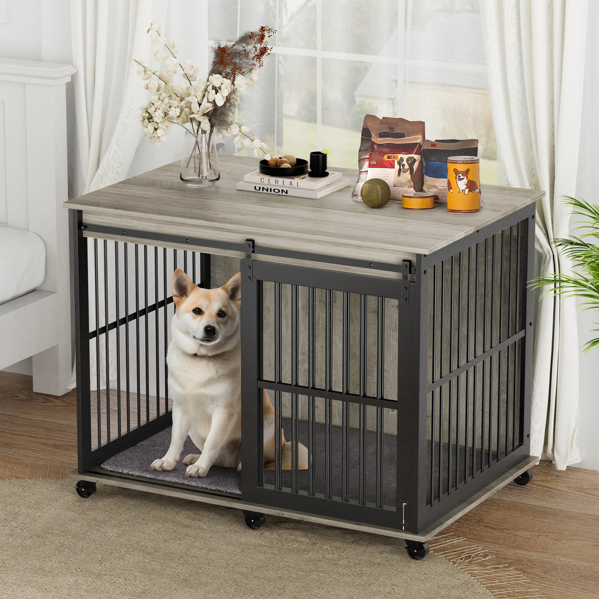 Sliding Iron Door Crate/Kennel with Mat for Dogs