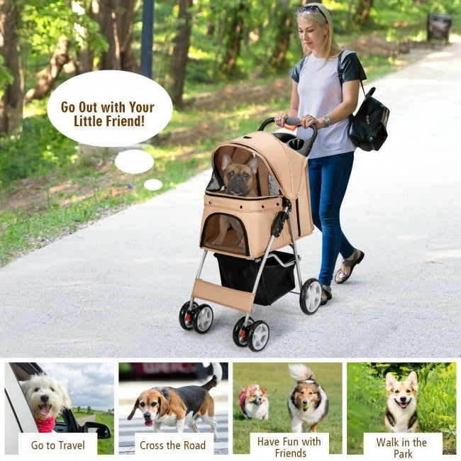 Foldable 4-Wheel Stroller with Storage Basket For Dogs and Cats