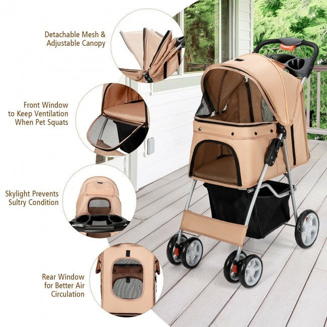 Foldable 4-Wheel Stroller with Storage Basket For Dogs and Cats