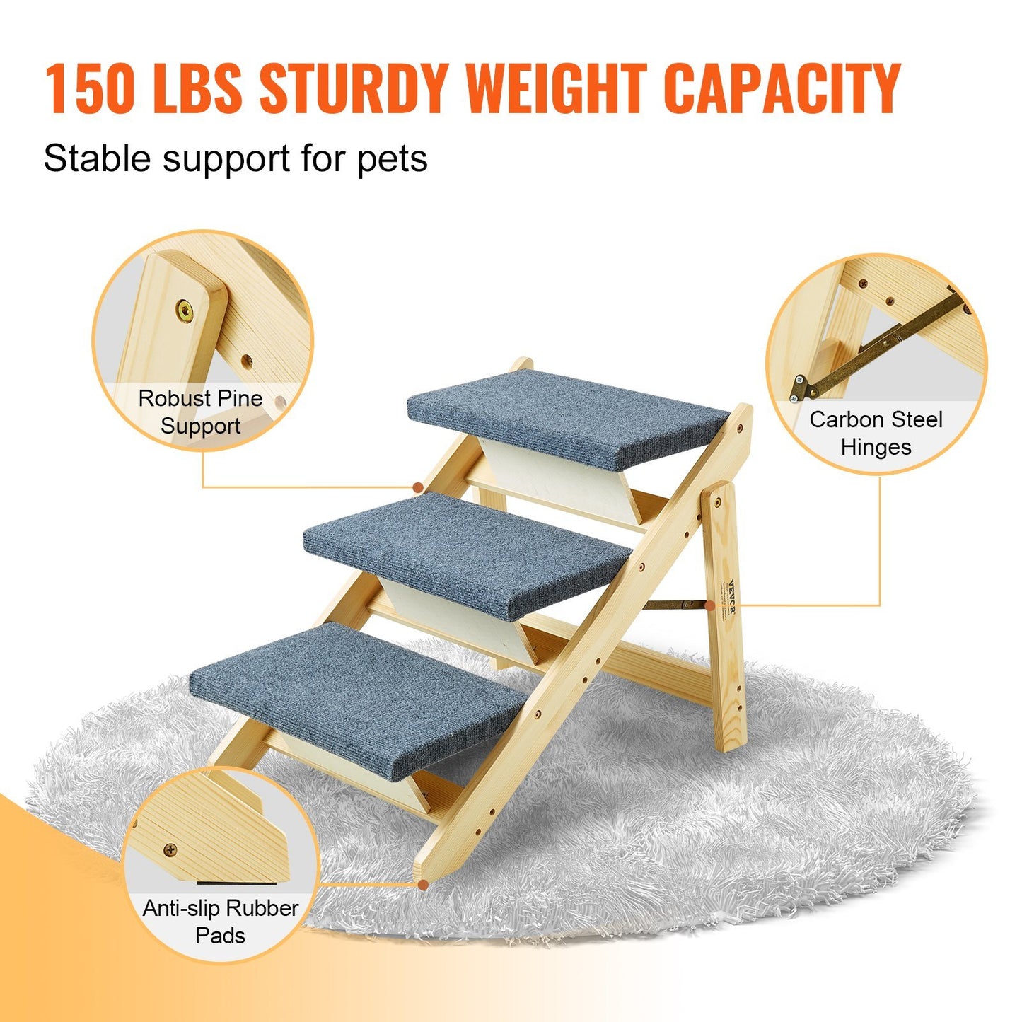 Wooden 2-in-1 Foldable Stairs/Ramp with 3 Steps for Small Medium Large Dogs up to 150 lbs