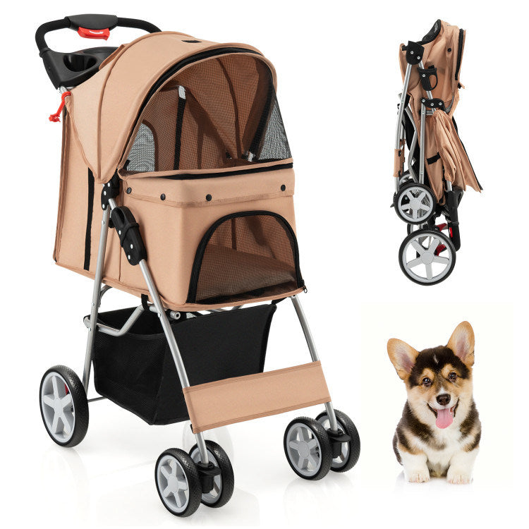 Folding Stroller with Storage Basket and Adjustable Canopy For Dogs and Cats