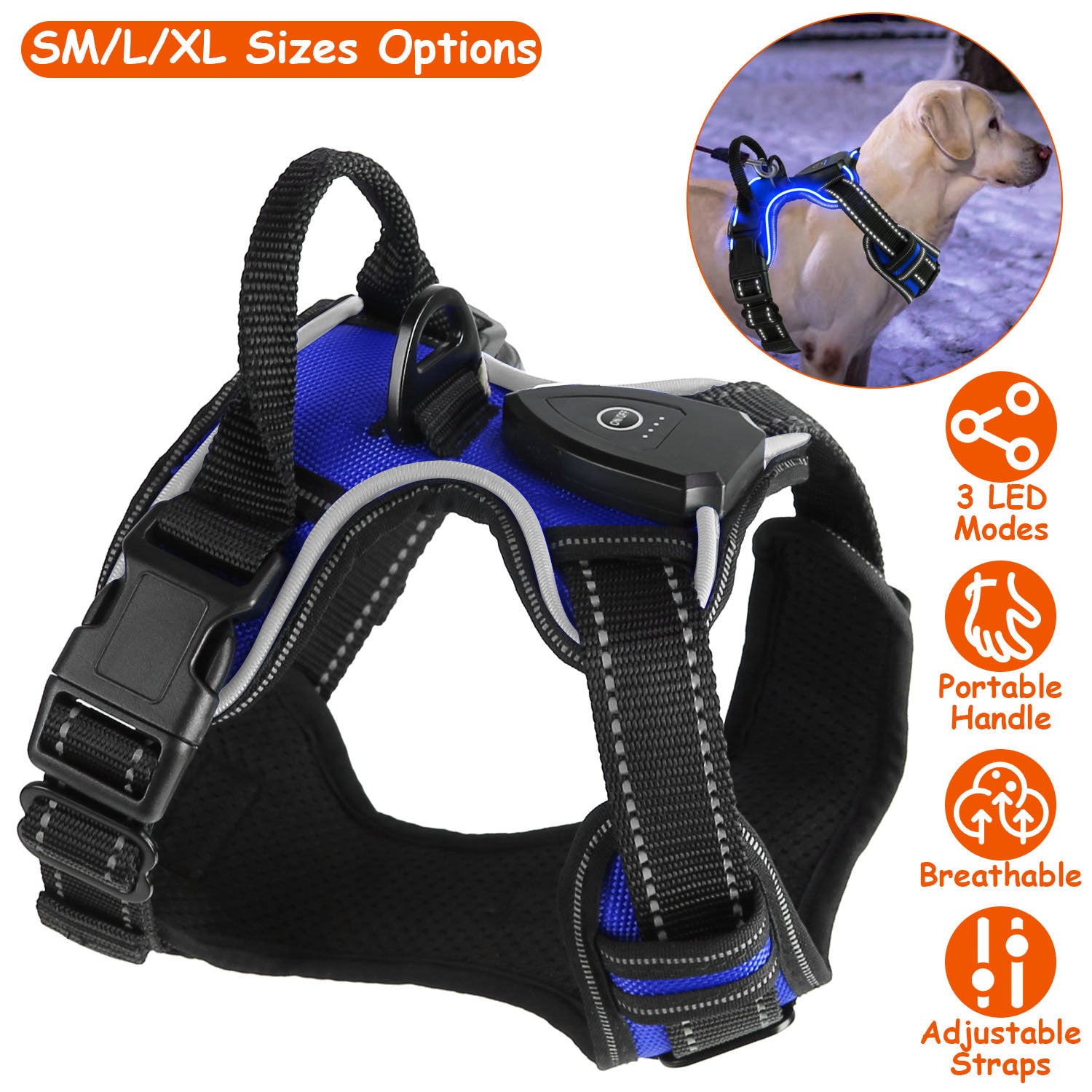 Rechargeable LED No Pull Harness Vest with Handle for Dogs
