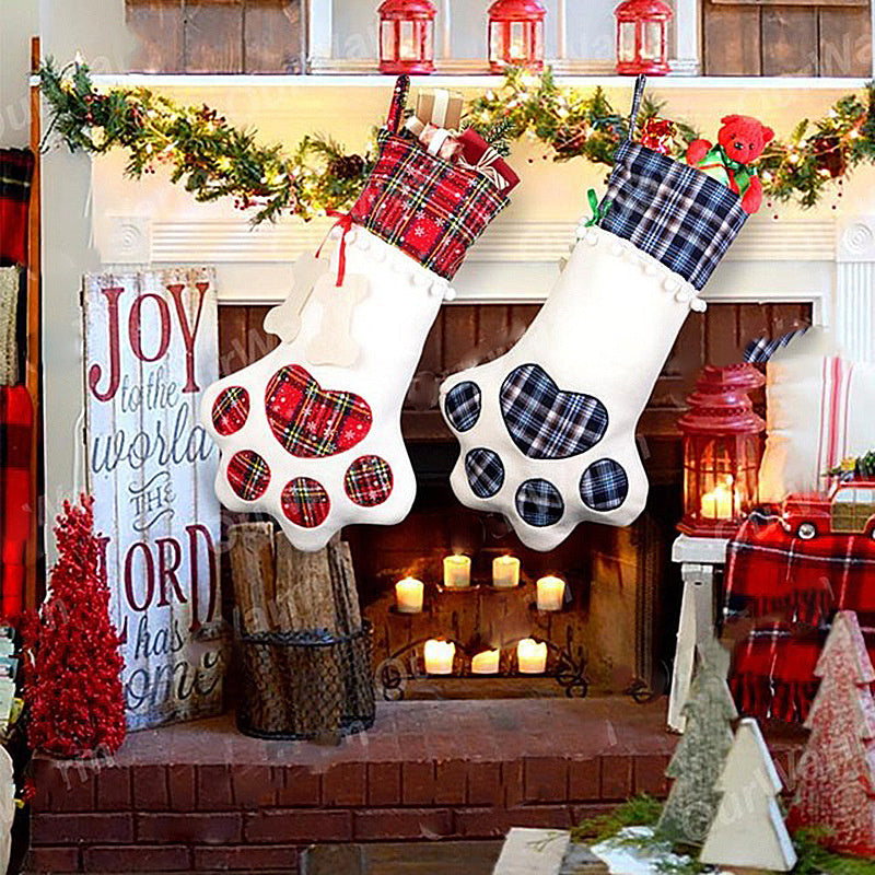 Plaid Christmas Paw Stocking Gift Bags for Dogs and Cats