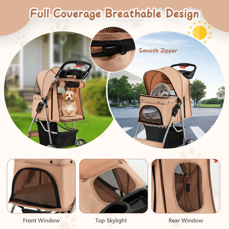 Folding Stroller with Storage Basket and Adjustable Canopy For Dogs and Cats