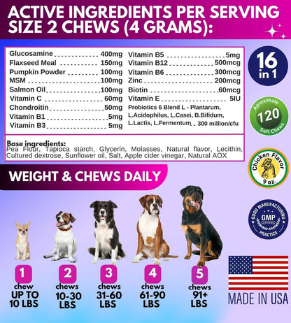 Pawious - 16 in 1 Multivitamin Chews with Glucosamine Supplements for Senior and Puppy Dogs - 120 count