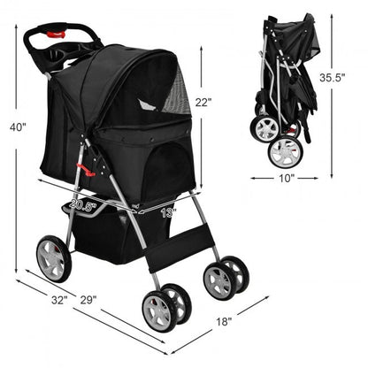 Foldable 4-Wheel Stroller with Storage Basket For Dogs and Cats