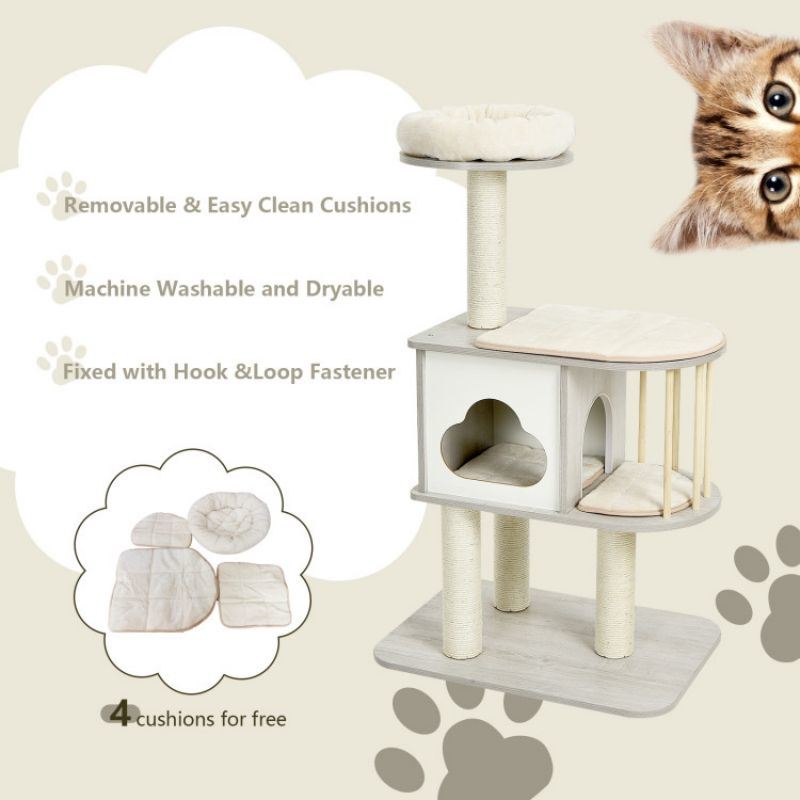 Wooden Activity Tree with Platform and Cushions for Cats