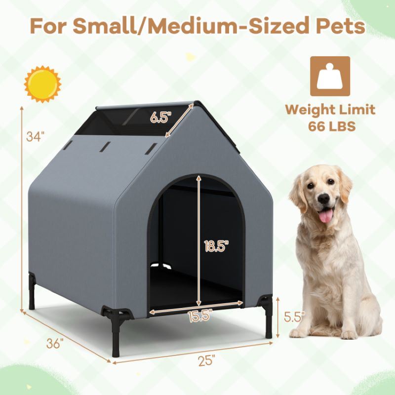 Elevated Covered Bed with Ventilated Windows for Indoor or Outdoor Use for Dogs