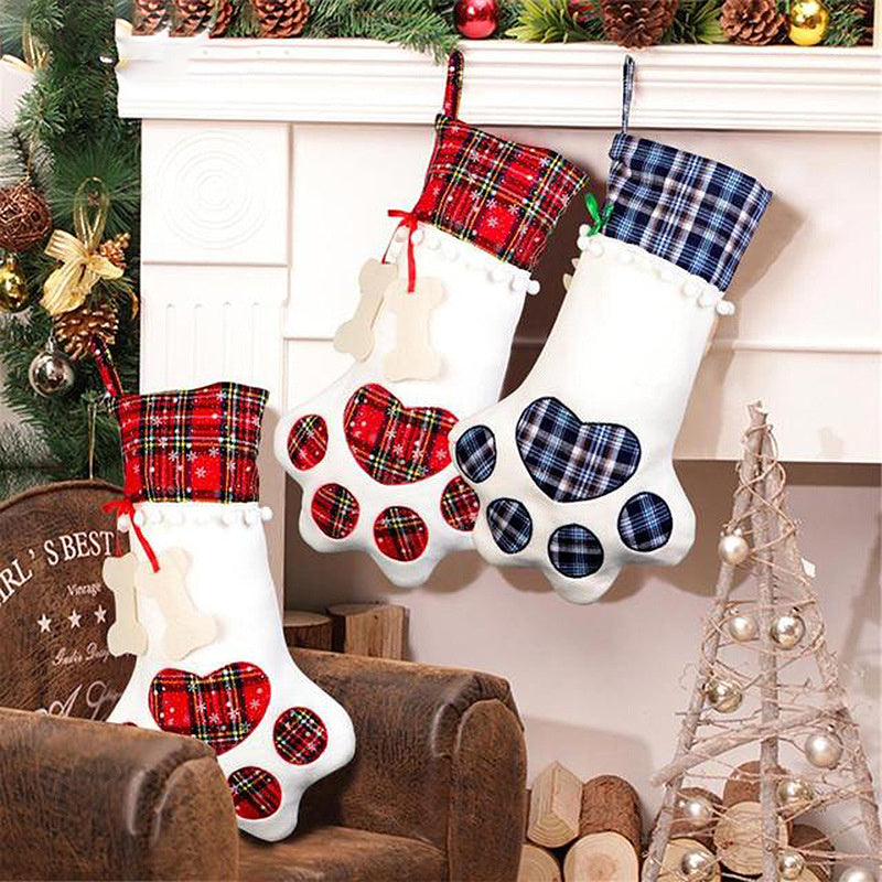 Plaid Christmas Paw Stocking Gift Bags for Dogs and Cats