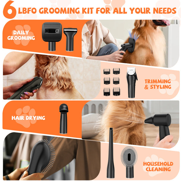 Grooming Vacuum Kit with 5 Tools, Clippers and Low Noise Dryer for Dogs and Cats