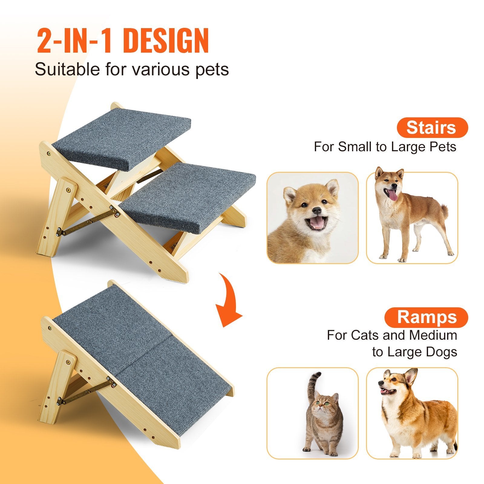 Foldable 2-in-1 Wooden Dog Stair/Ramp with 2 Steps for Dogs up to 110 lbs
