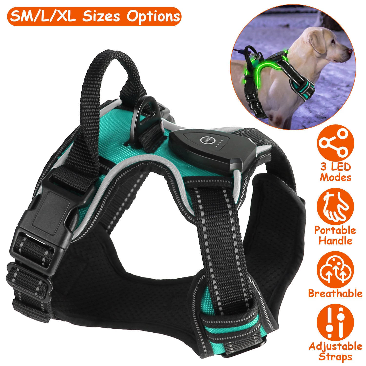 Rechargeable LED No Pull Harness Vest with Handle for Dogs