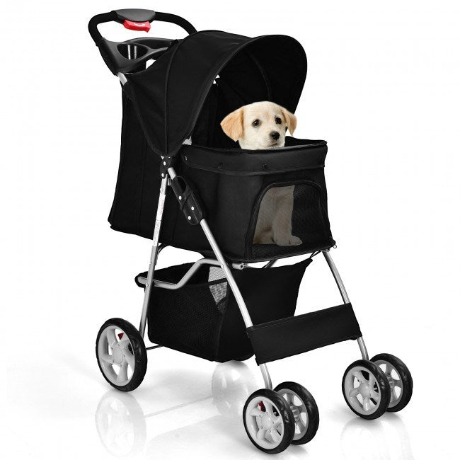 Foldable 4-Wheel Stroller with Storage Basket For Dogs and Cats