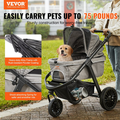 3 Wheel Stroller 75 lbs Weight Capacity with Storage Basket for Small to Medium Dogs