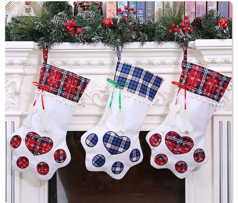 Plaid Christmas Paw Stocking Gift Bags for Dogs and Cats