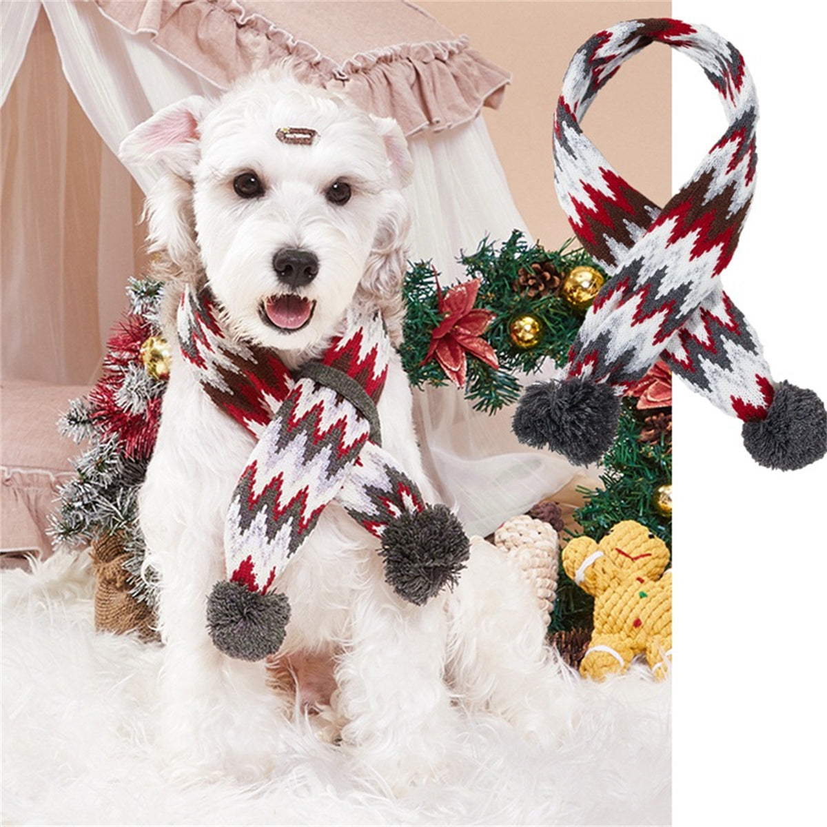 Winter Christmas Knitted Striped Fur Ball Scarf for Cats and Dogs