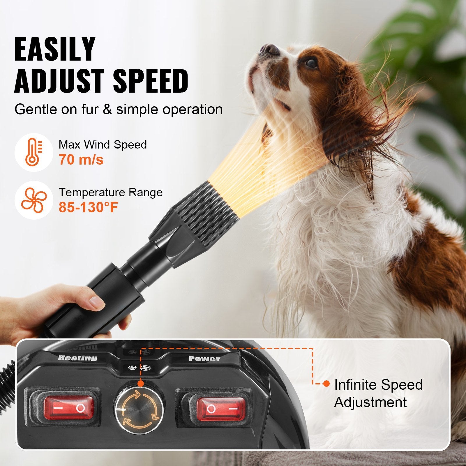 Professional Grooming Dryer with Adjustable Speed and Temperature Control for Dogs - Black