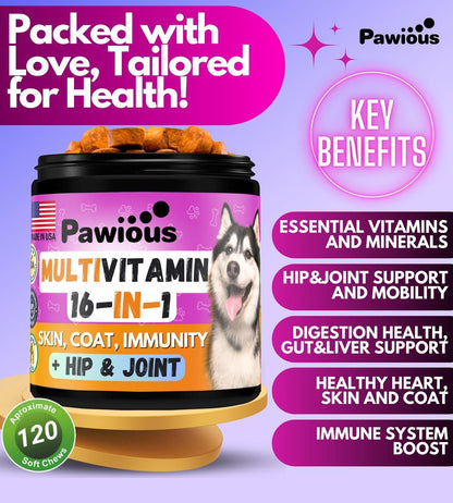 Pawious - 16 in 1 Multivitamin Chews with Glucosamine Supplements for Senior and Puppy Dogs - 120 count