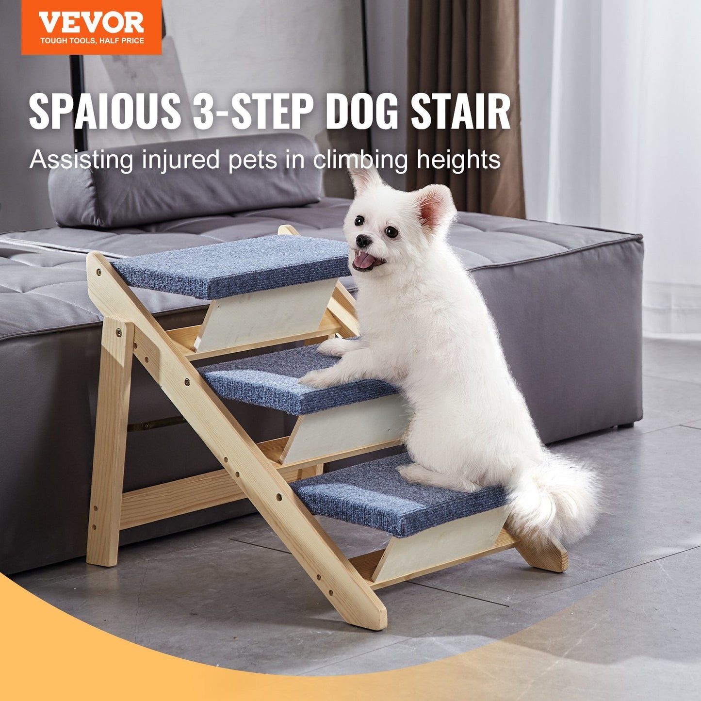 Wooden 2-in-1 Foldable Stairs/Ramp with 3 Steps for Small Medium Large Dogs up to 150 lbs