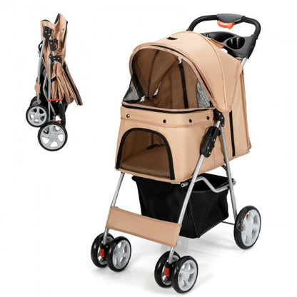 Foldable 4-Wheel Stroller with Storage Basket For Dogs and Cats