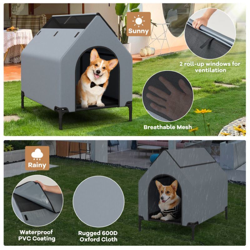 Elevated Covered Bed with Ventilated Windows for Indoor or Outdoor Use for Dogs