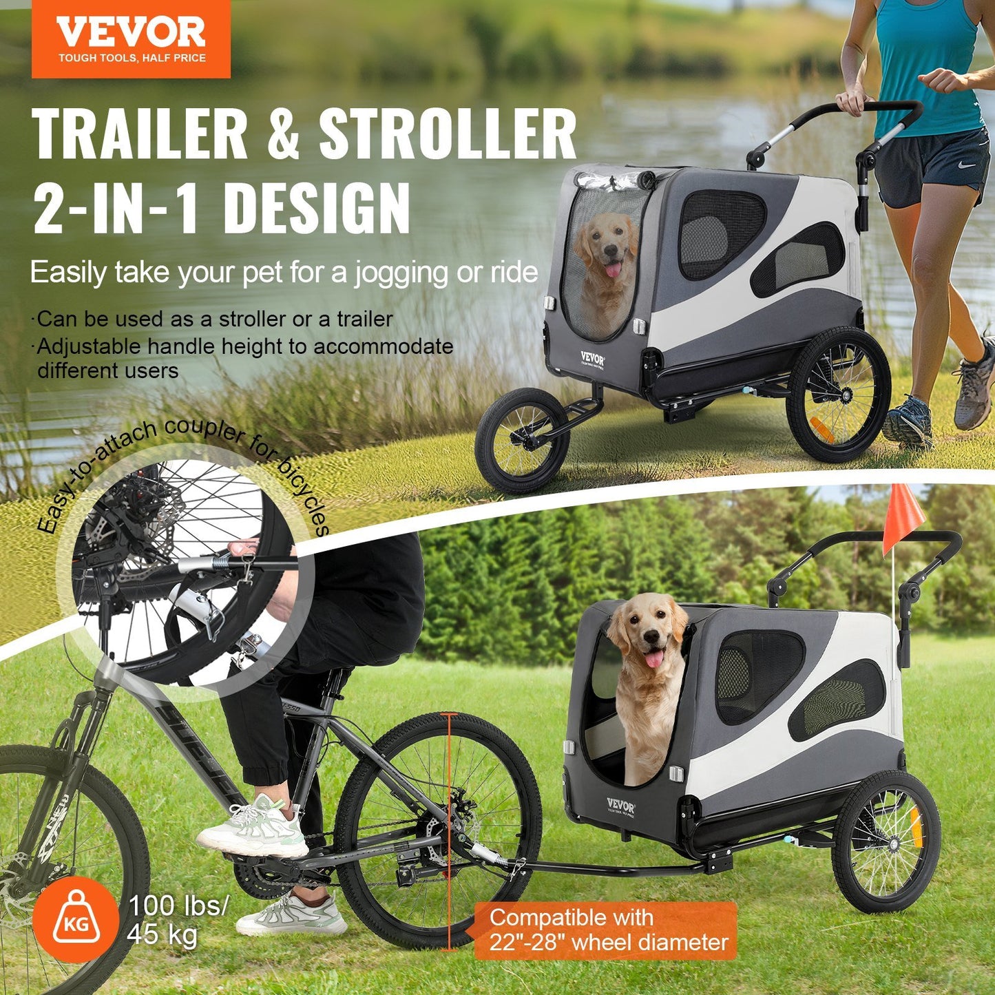 Folding 2-in-1  Stroller Bicycle Carrier Cart Trailer for Dogs - Supports up to 100 lbs