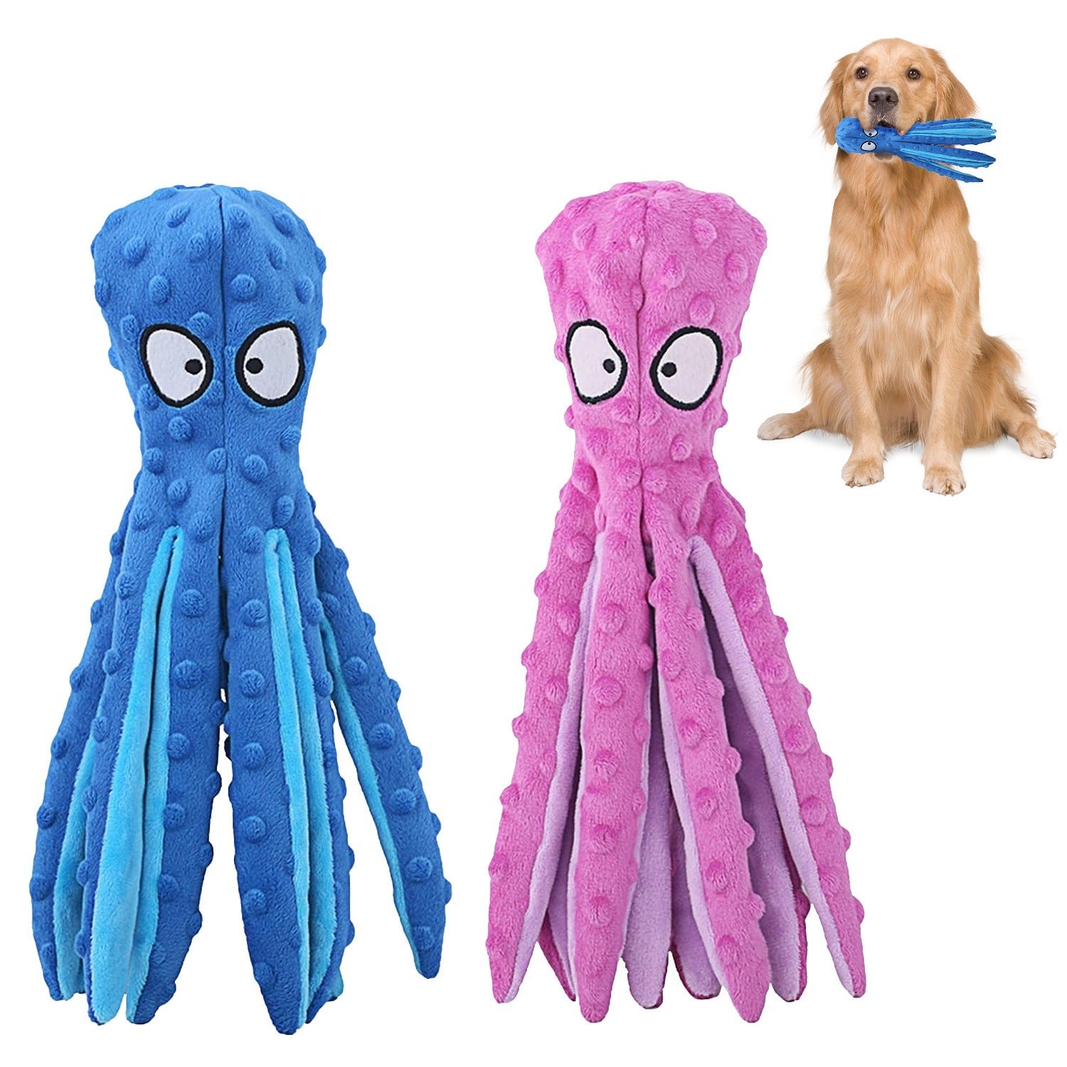 2 Piece - No Stuffing Squeaky-Crinkle Plush Octopus Toy for Dogs