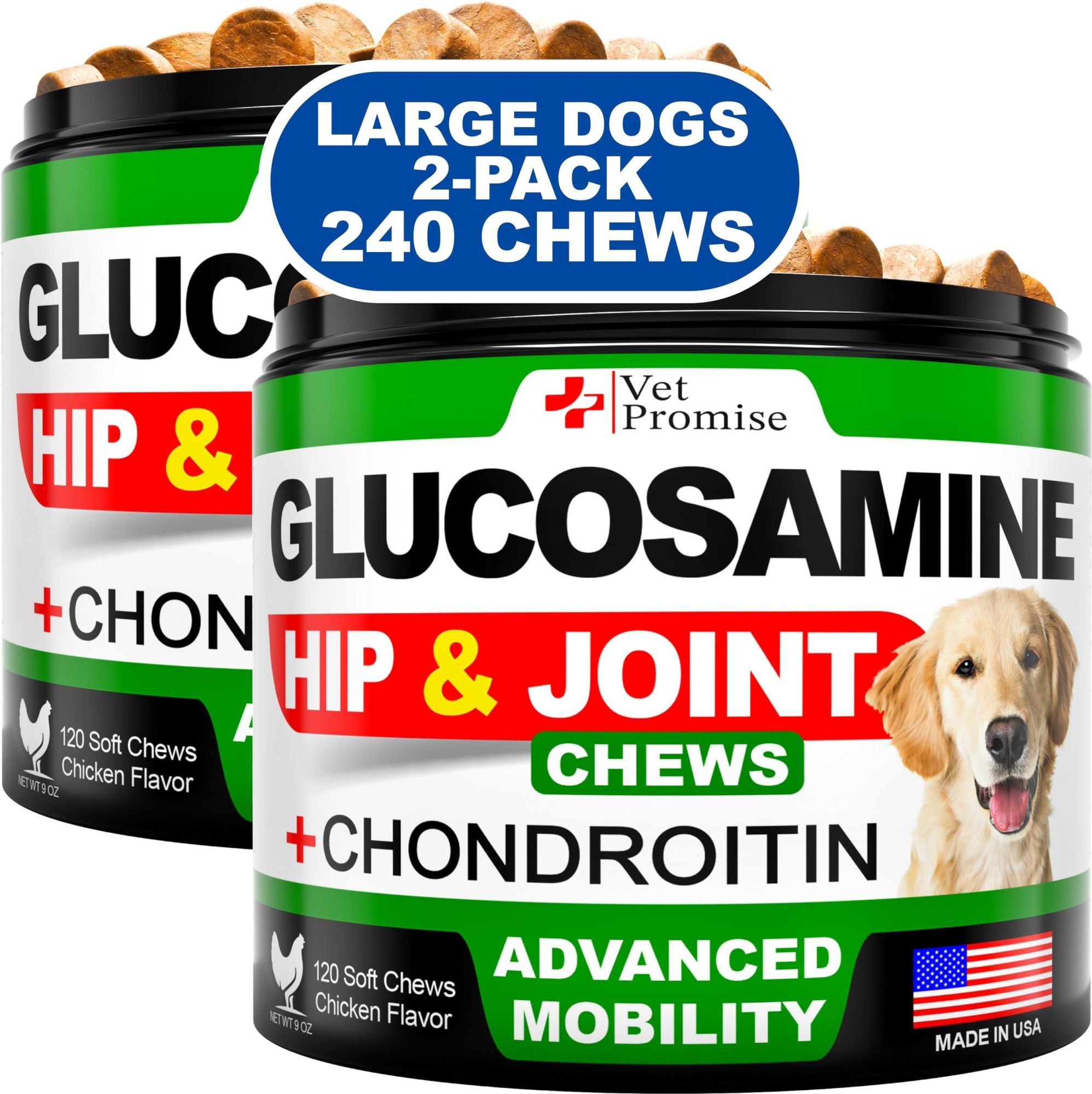 2 Pack - Natural Glucosamine Hip and Joint Supplement with Chondroitin for Dogs - 240 Chews