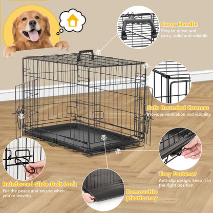 Folding Metal Kennel-Crate with Divider Panel Double Doors with Leak-Proof Tray for Dogs - 36 Inches