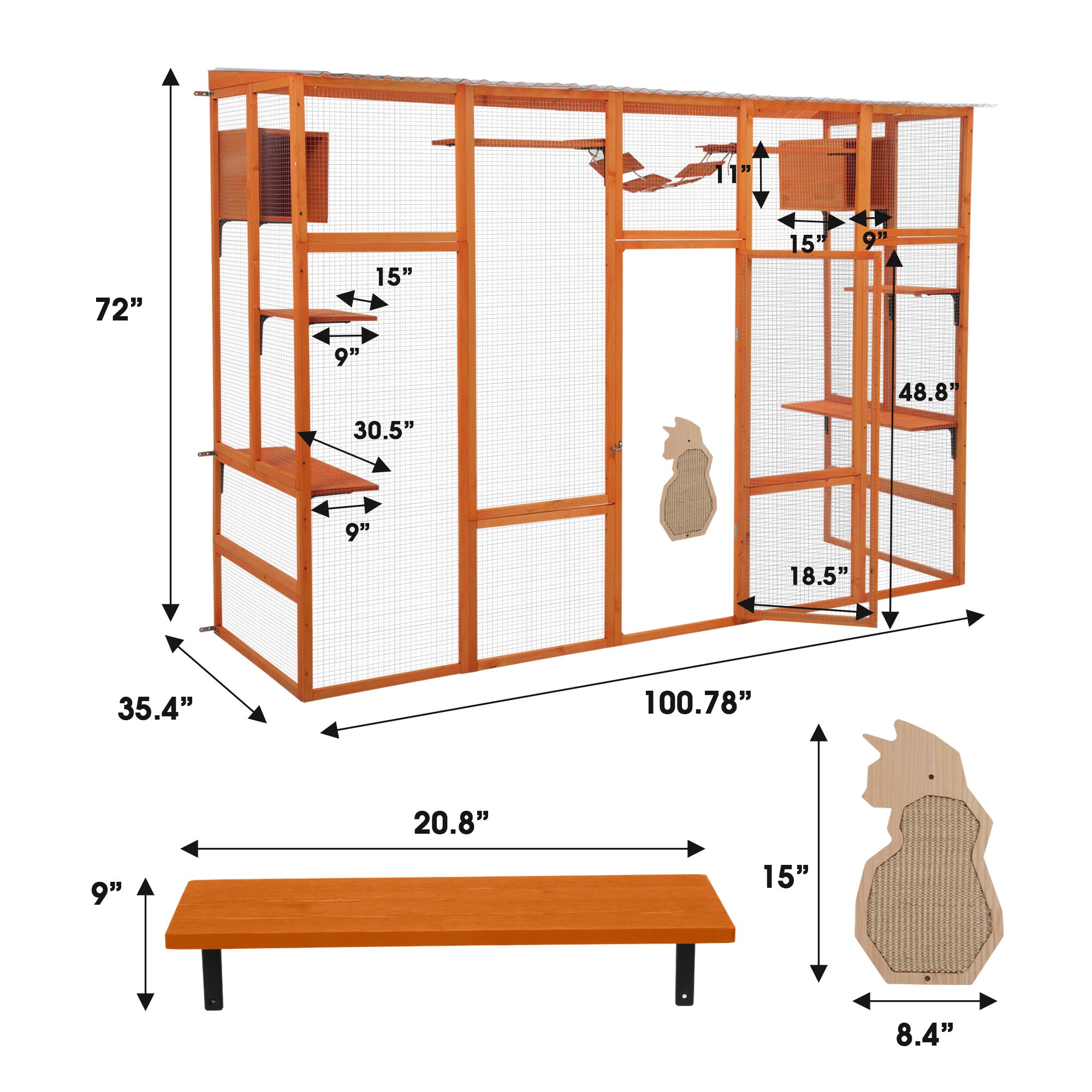 Ultimate Cat Enclosure with Jumping Platforms, Condos, Bridge and Scratching Board - Orange