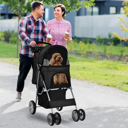 Foldable 4-Wheel Stroller with Storage Basket For Dogs and Cats