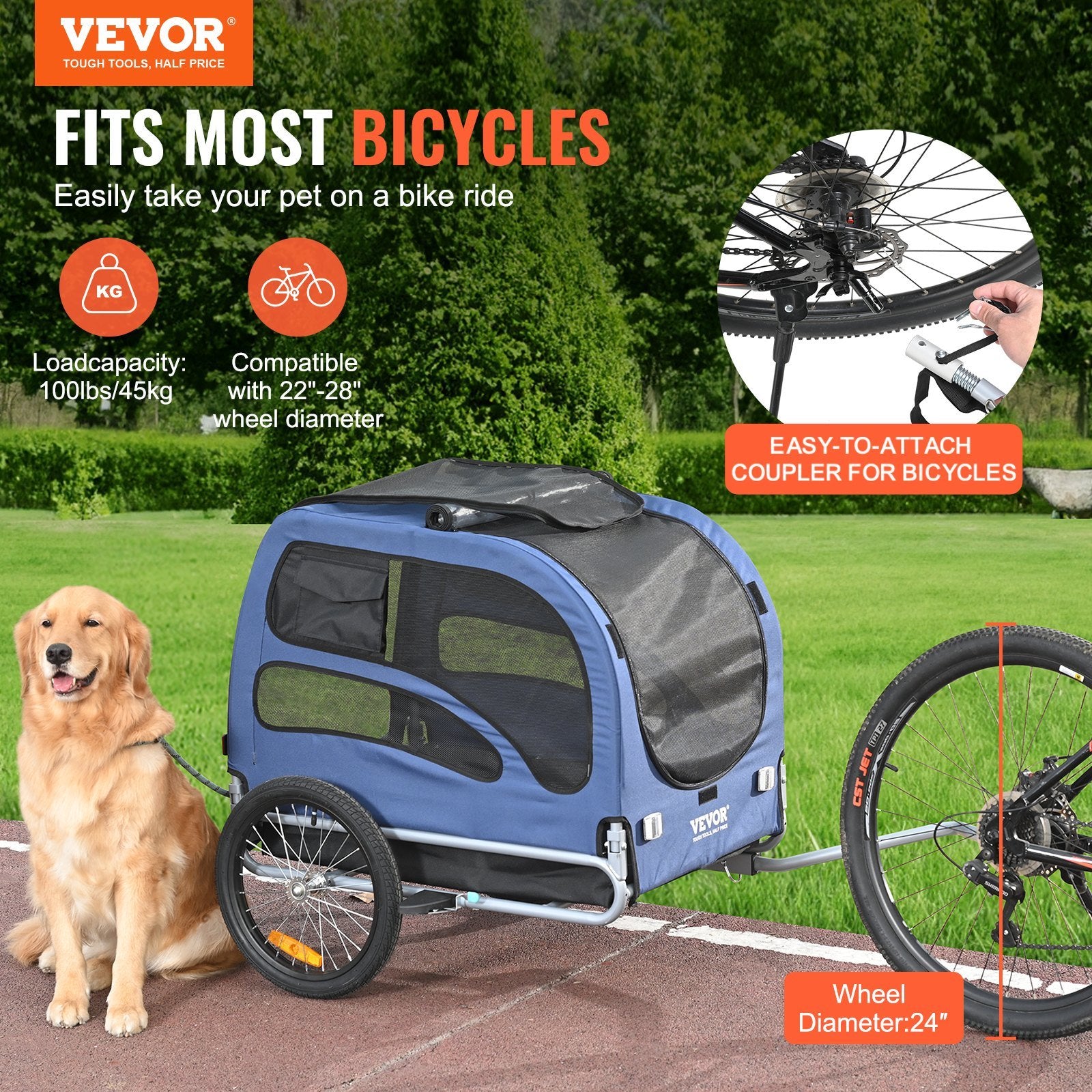 Easy Folding Bike Trailer Supports up to 100 lbs for Dogs - Blue/Black