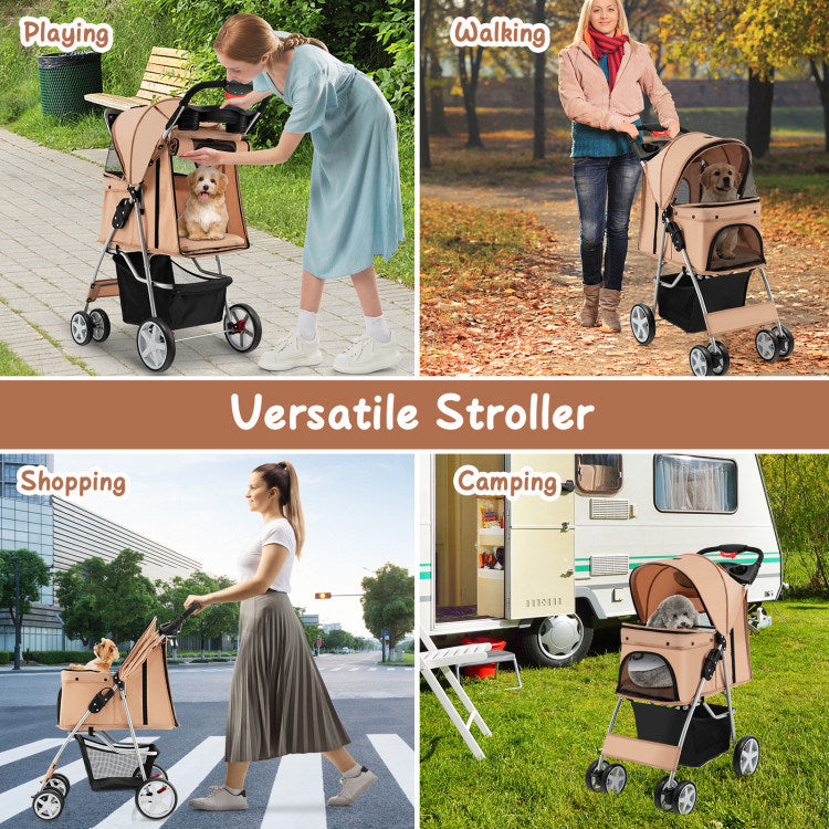 Folding Stroller with Storage Basket and Adjustable Canopy For Dogs and Cats