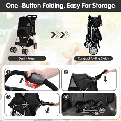 Foldable 4-Wheel Stroller with Storage Basket For Dogs and Cats