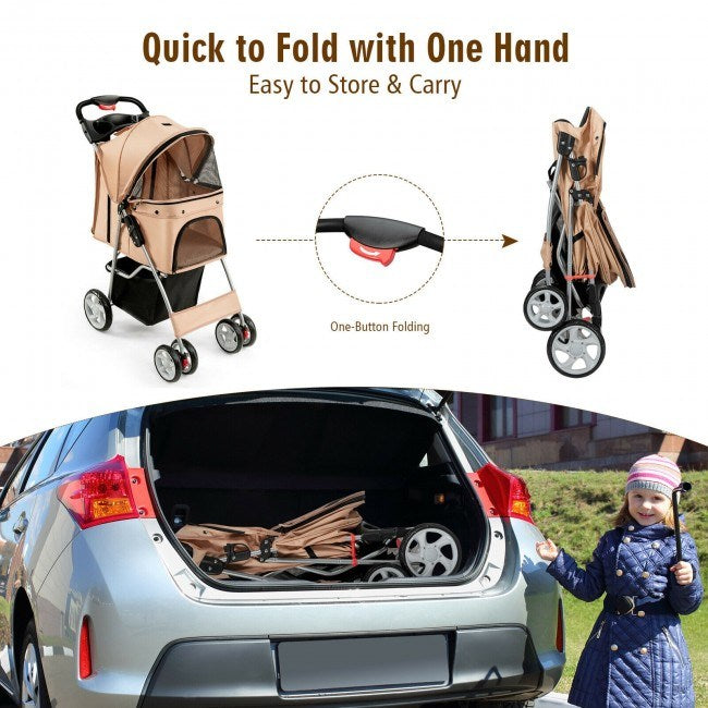 Foldable 4-Wheel Stroller with Storage Basket For Dogs and Cats