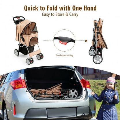 Foldable 4-Wheel Stroller with Storage Basket For Dogs and Cats