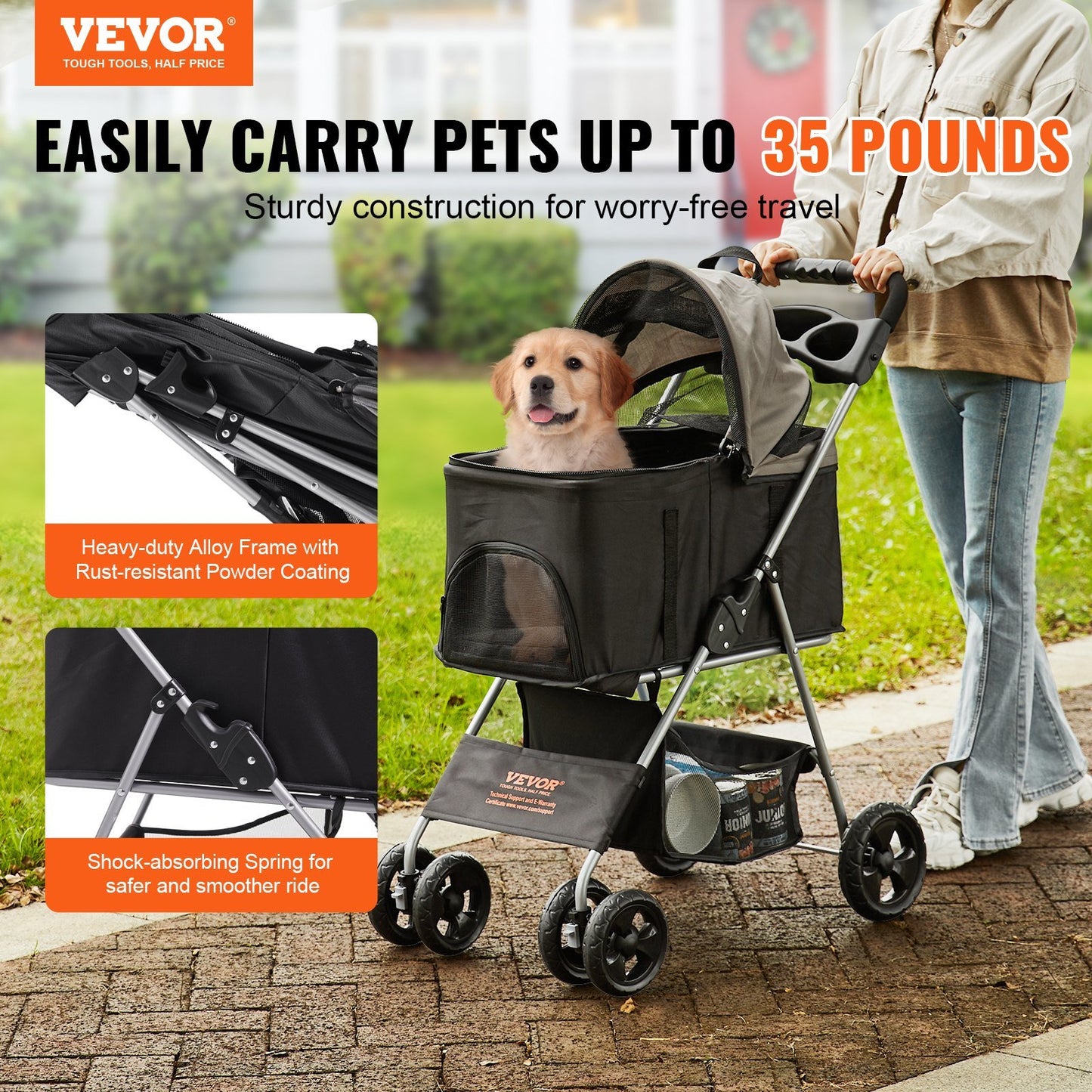 4 Wheel Stroller with Detachable Carrier and Storage Basket for Dogs and Cats