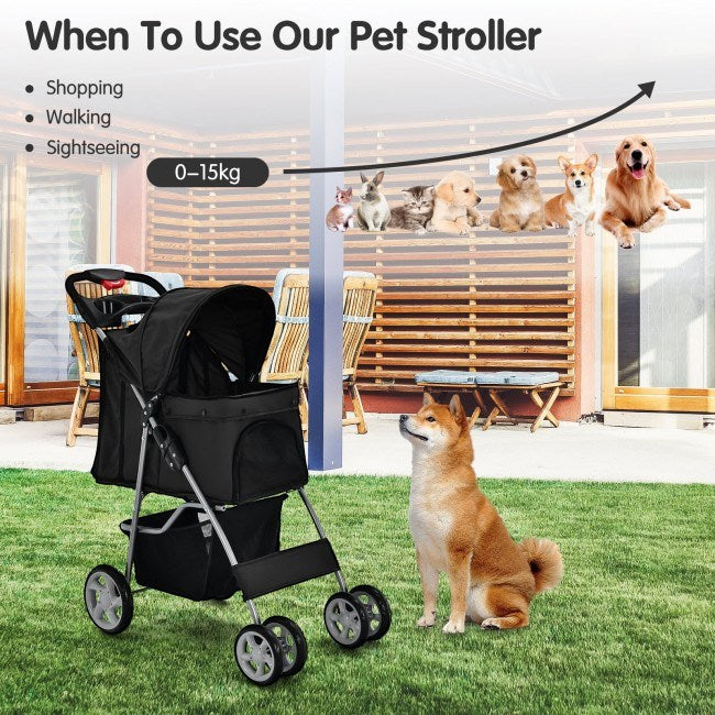 Foldable 4-Wheel Stroller with Storage Basket For Dogs and Cats