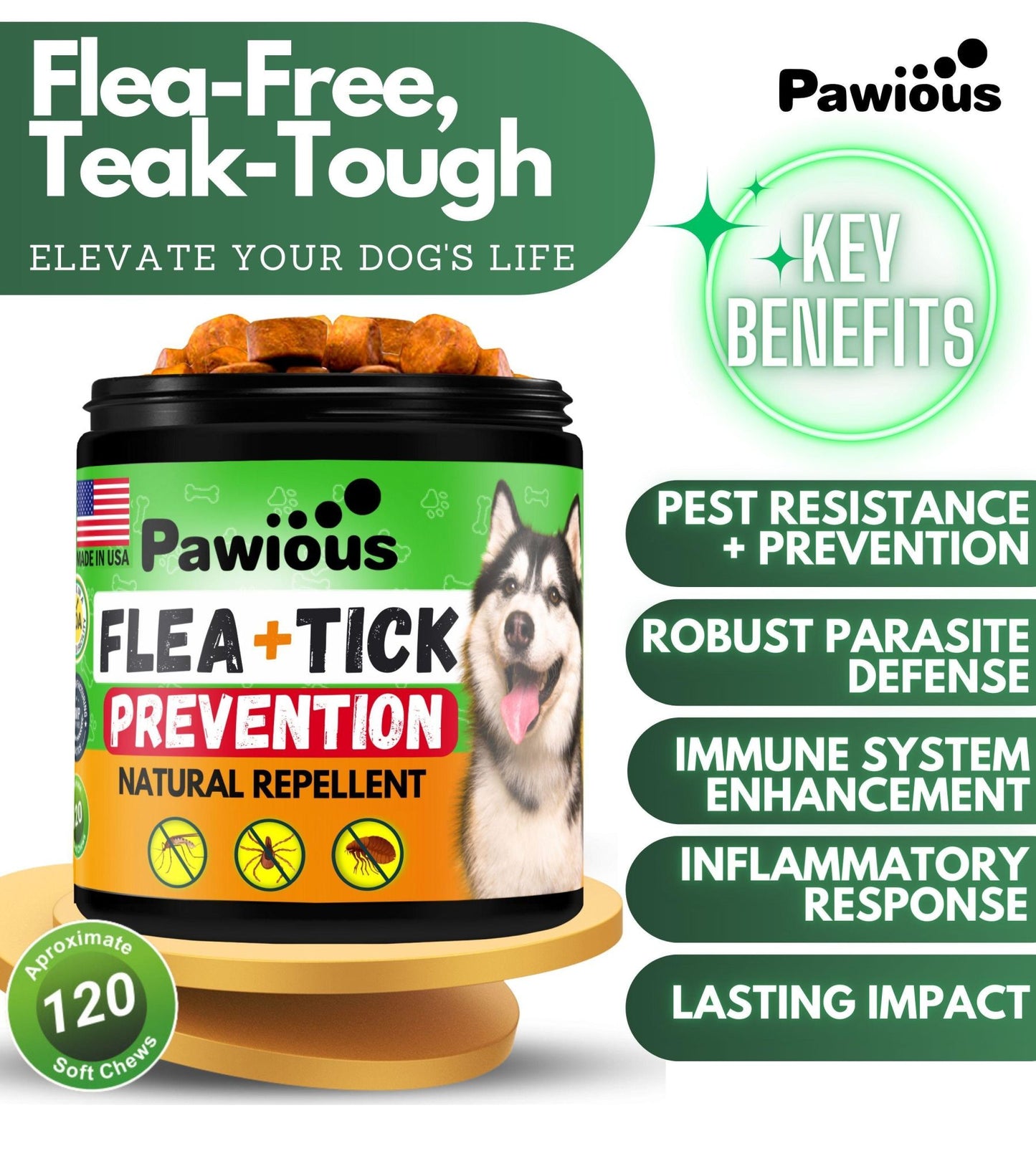 Pawious - Natural Flea and Tick Prevention Supplement Chews for Dogs - 120 count