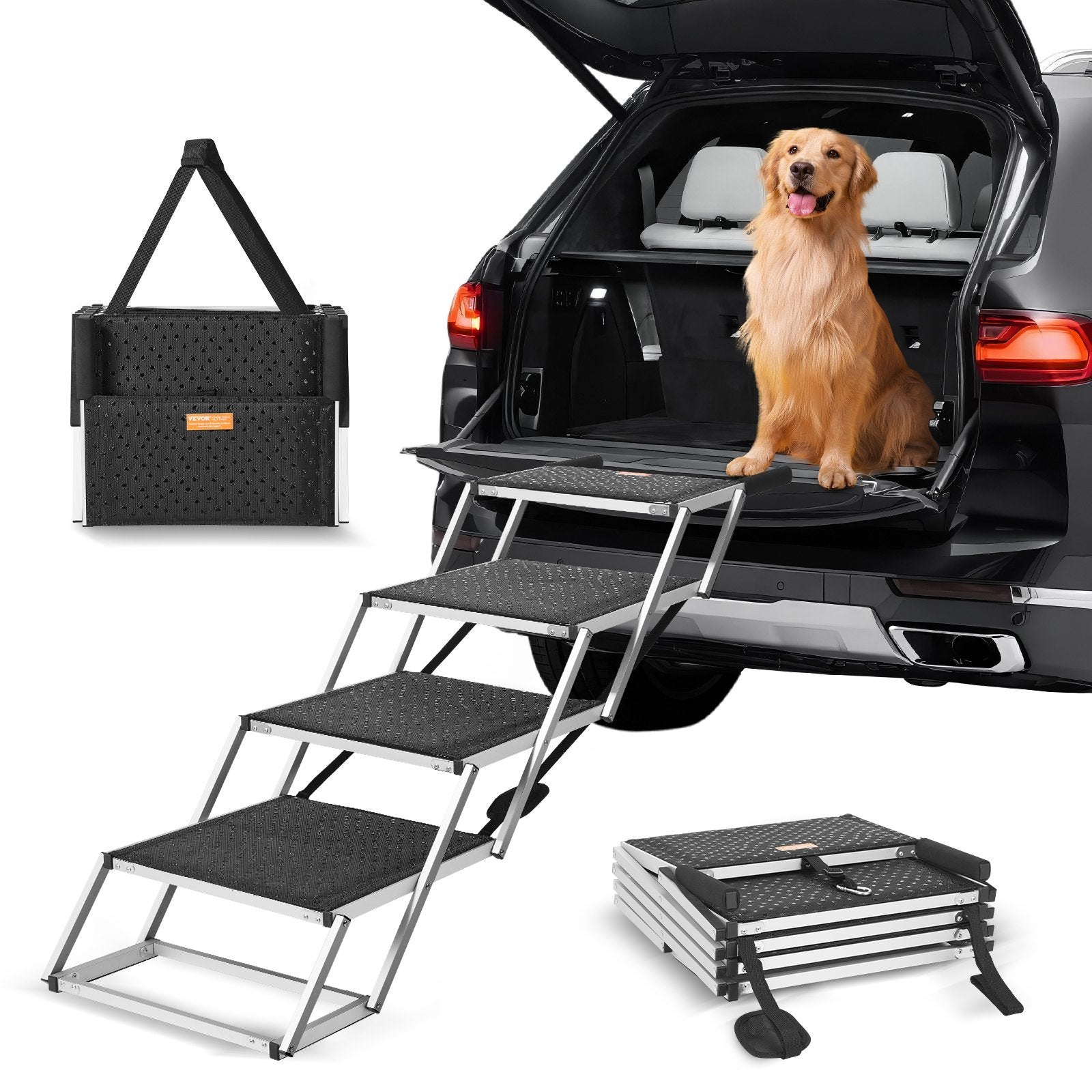 RESTOCKING - Folding 4-step Aluminum Dog Steps for Loads up to 250 lbs