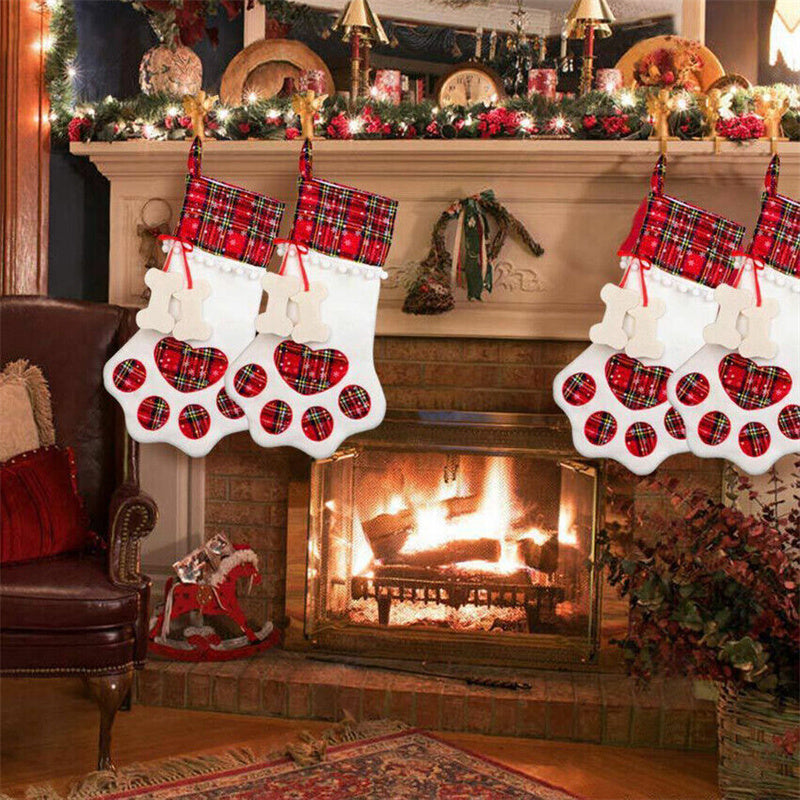 Plaid Christmas Paw Stocking Gift Bags for Dogs and Cats