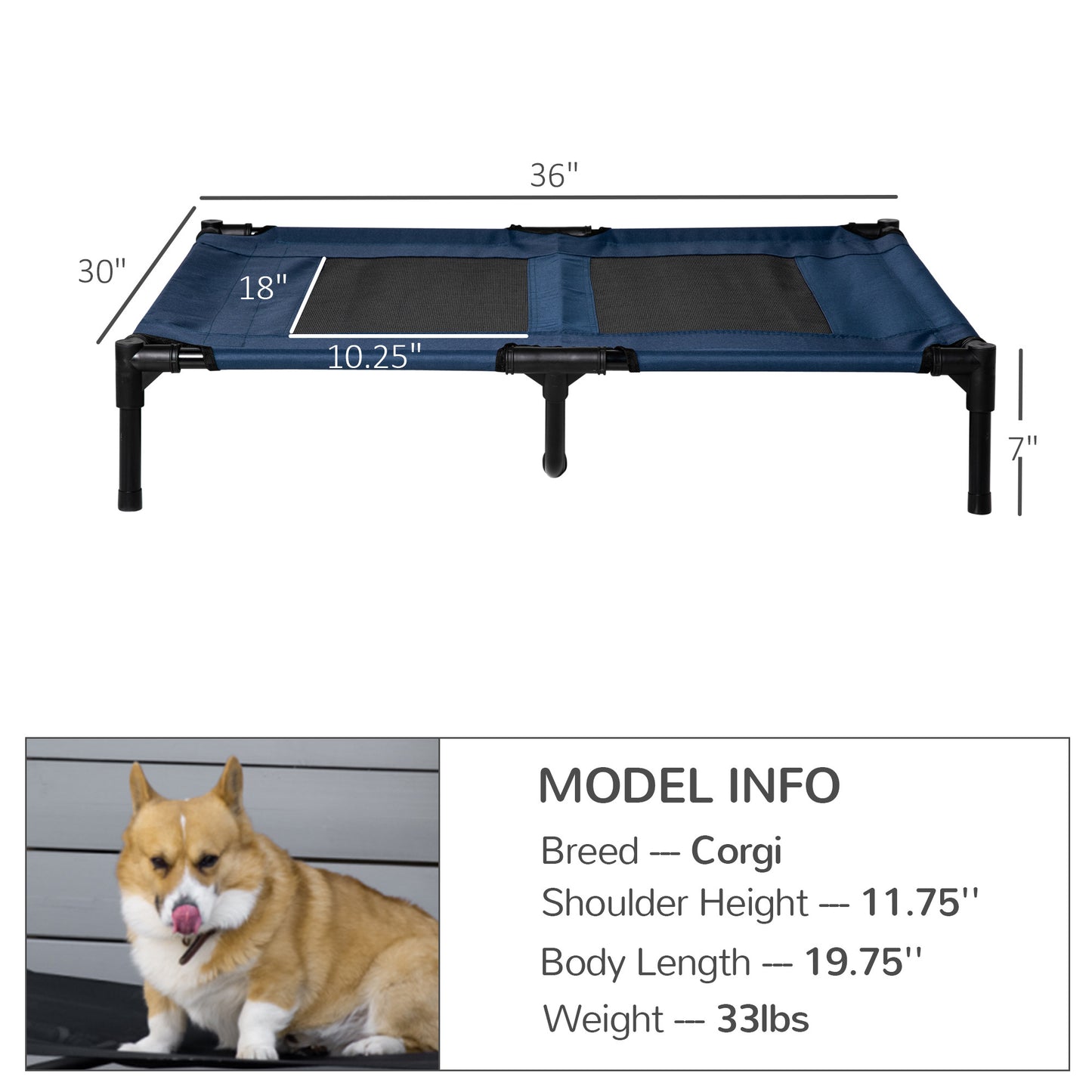 PawHut - Elevated Cooling Bed With Mesh Ventilation for Dogs - Blue 36" x 30"