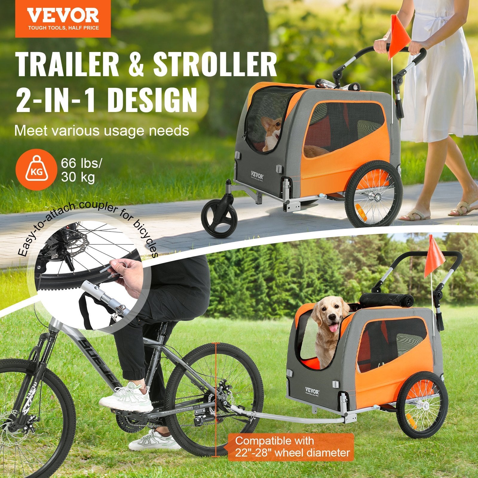 Great 2-in-1 Easy Folding Jogger/Bike Trailer, Supports up to 66 lbs for Dogs