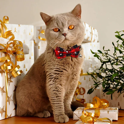 Christmas Snowflake Plaid Bowties with Bell Collar for Cats and Small Dogs