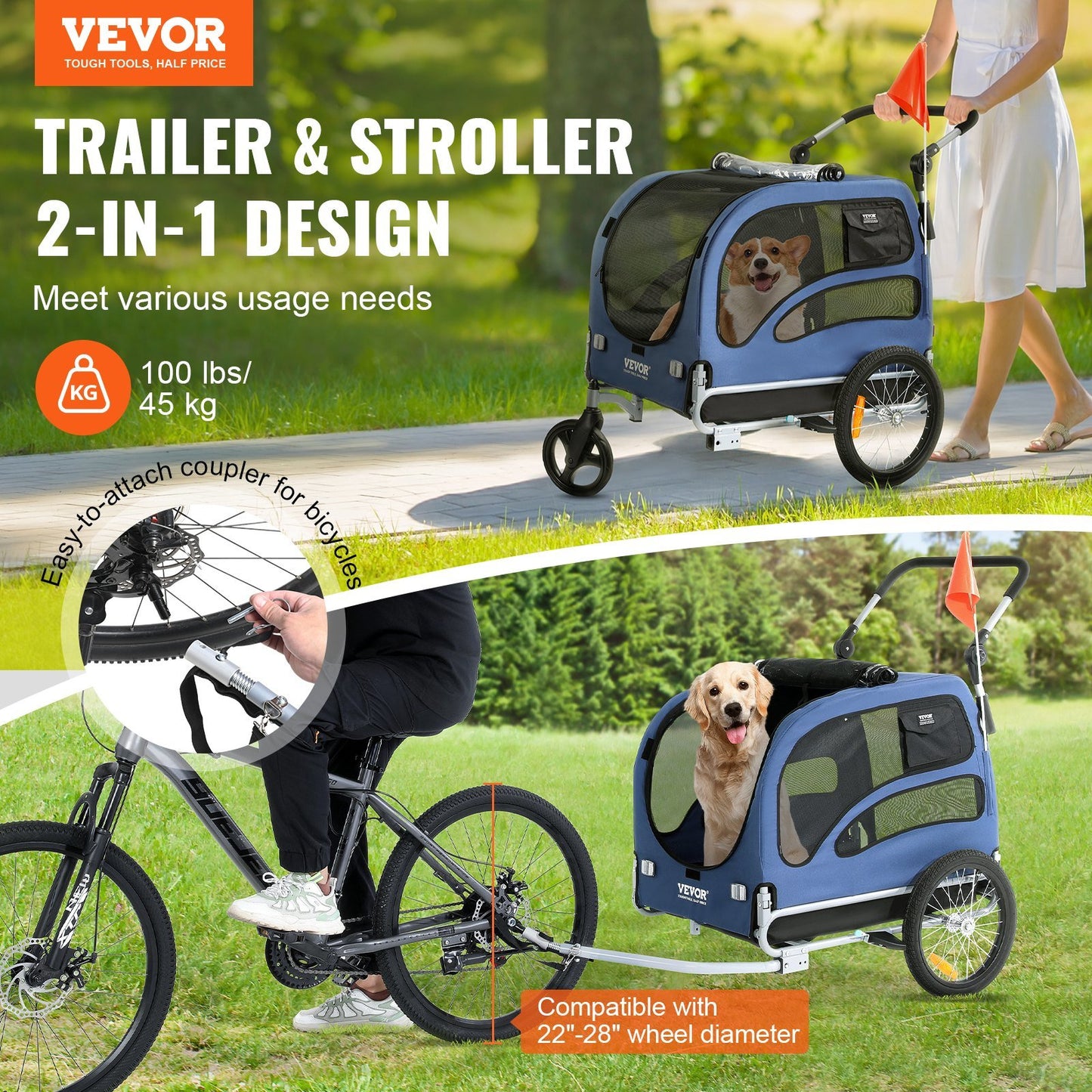 Folding 2-in-1  Stroller and Bike Trailer, Supports up to 100 lbs for Dogs